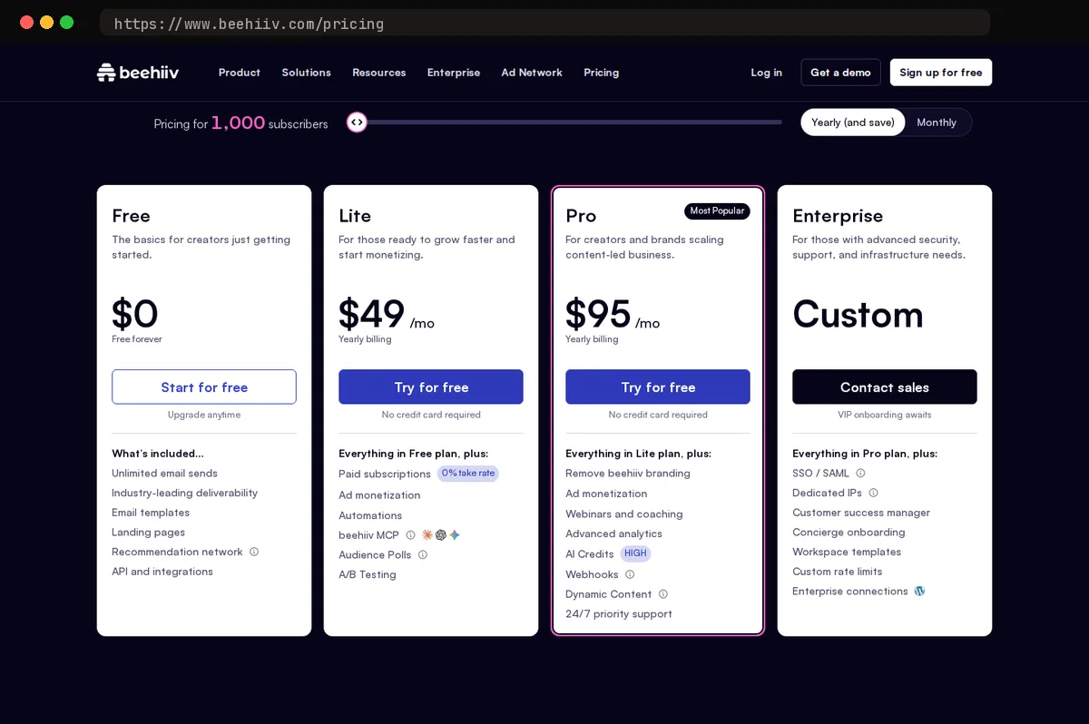 beehiiv pricing page, captured October 2026