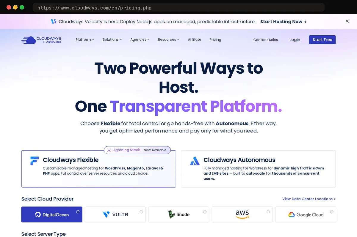 Cloudways pricing page, captured October 2026