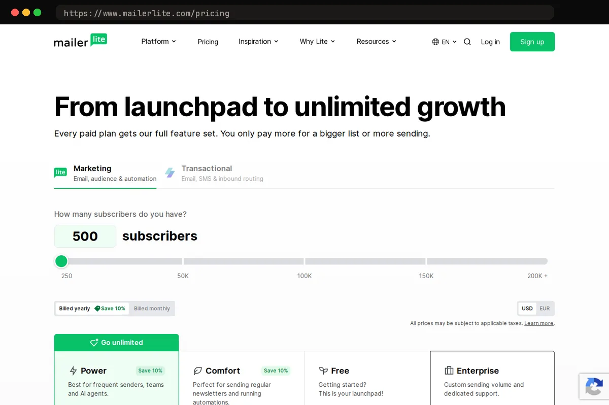 MailerLite pricing page, captured October 2026