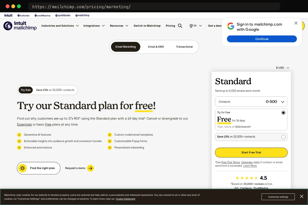 Mailchimp pricing page, captured October 2026