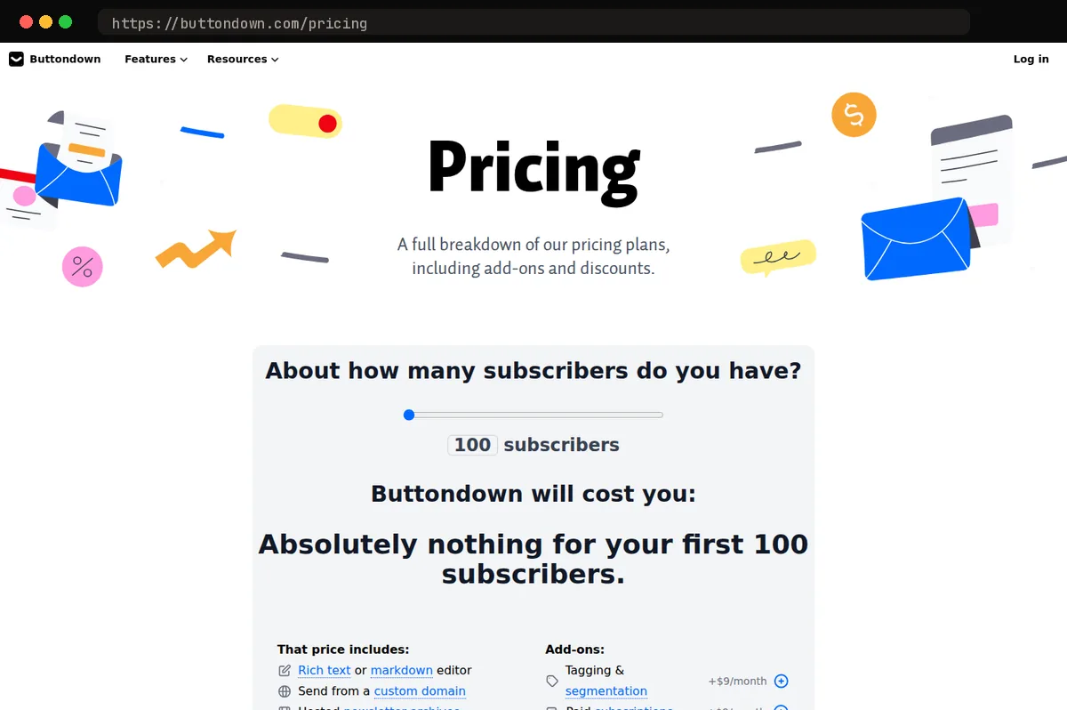 Buttondown pricing page, captured October 2026